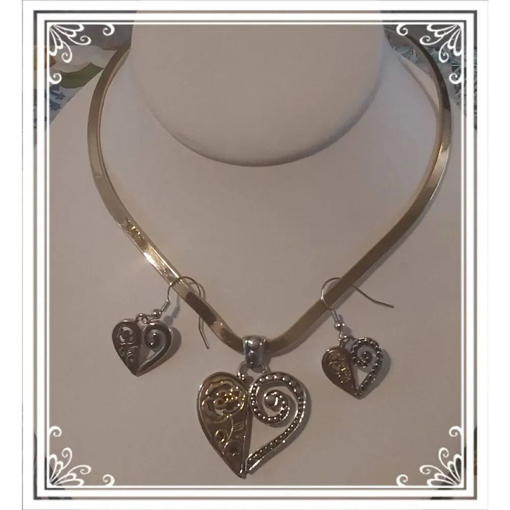 Pretty Two-Tone Filigree Heart Pendant~Earrings & V Design Choker Set